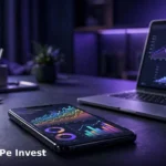 PhonePe Invest platform with the PhonePe logo badge over a fintech portfolio scene.