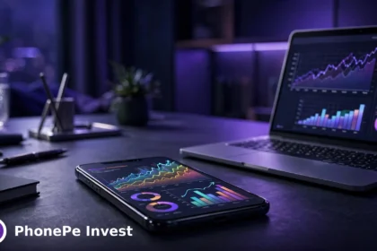 PhonePe Invest platform with the PhonePe logo badge over a fintech portfolio scene.