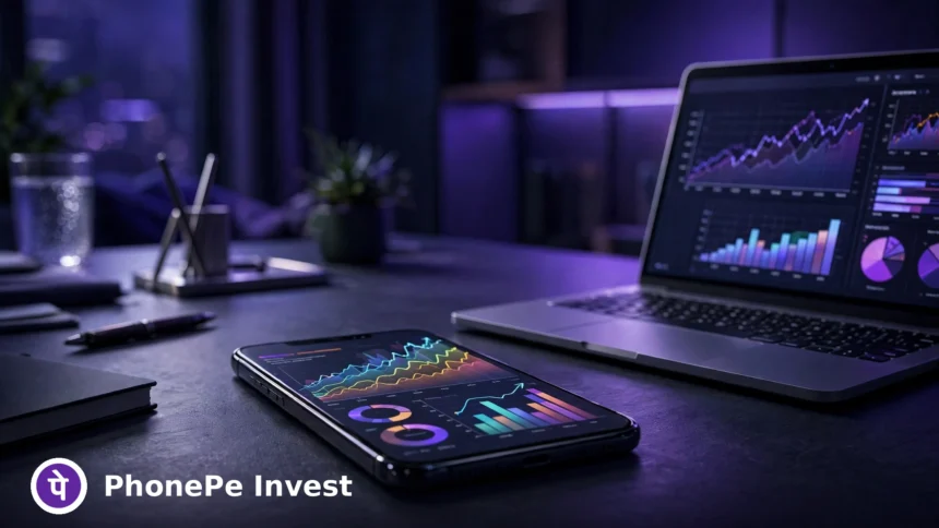 PhonePe Invest platform with the PhonePe logo badge over a fintech portfolio scene.