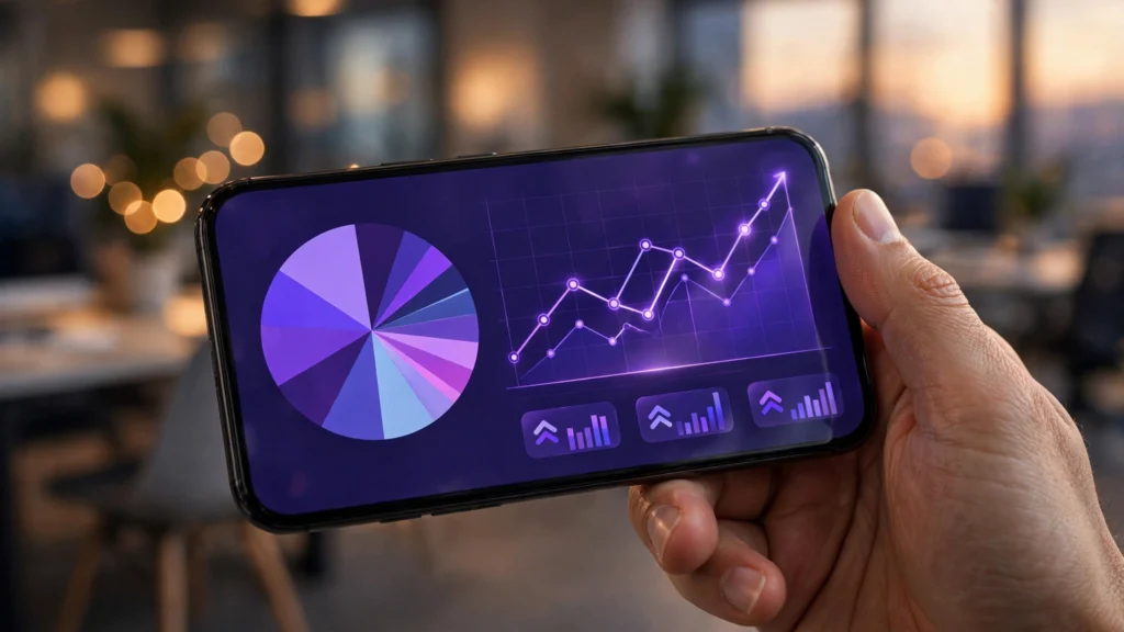 Hand holding a smartphone showing an investment portfolio dashboard.