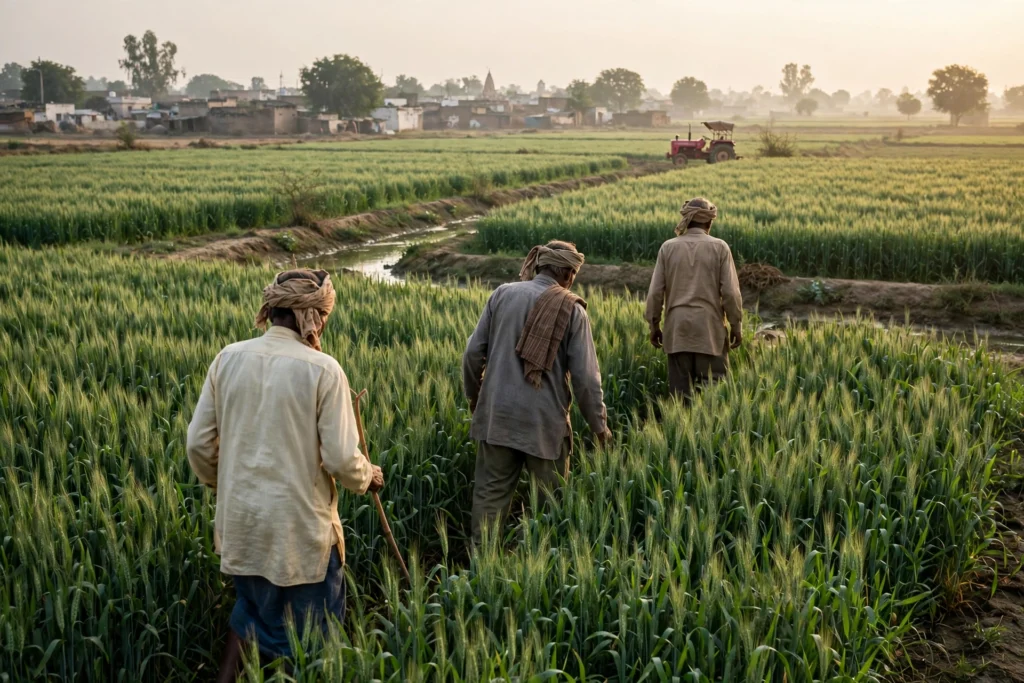 Farmers walking through a green wheat field in rural India at sunrise