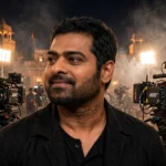 Prabhas on a night-time film set, as Spirit gets a new Diwali 2027 release date. Photo: Gage Skidmore / Wikimedia Commons (CC BY-SA 3.0), background composite