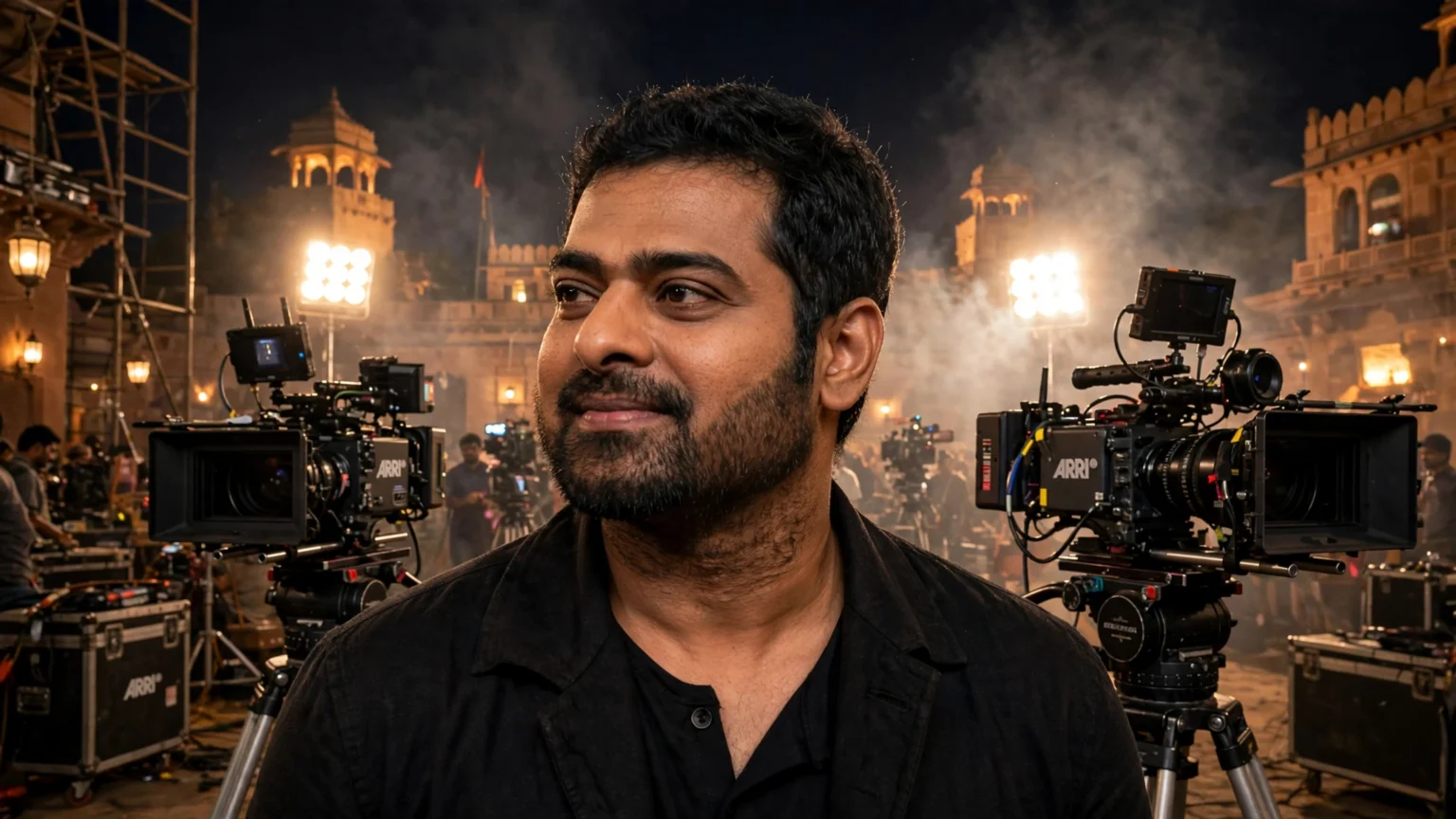 Prabhas on a night-time film set, as Spirit gets a new Diwali 2027 release date. Photo: Gage Skidmore / Wikimedia Commons (CC BY-SA 3.0), background composite