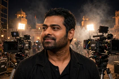 Prabhas on a night-time film set, as Spirit gets a new Diwali 2027 release date. Photo: Gage Skidmore / Wikimedia Commons (CC BY-SA 3.0), background composite
