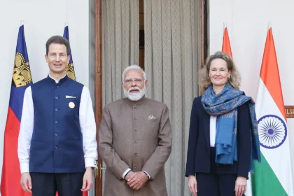 Prime Minister Narendra Modi with Hereditary Prince Alois and Hereditary Princess Sophie of Liechtenstein in New Delhi, February 20, 2026. Photo: Prime Minister's Office, Government of India, via Wikimedia Commons.
