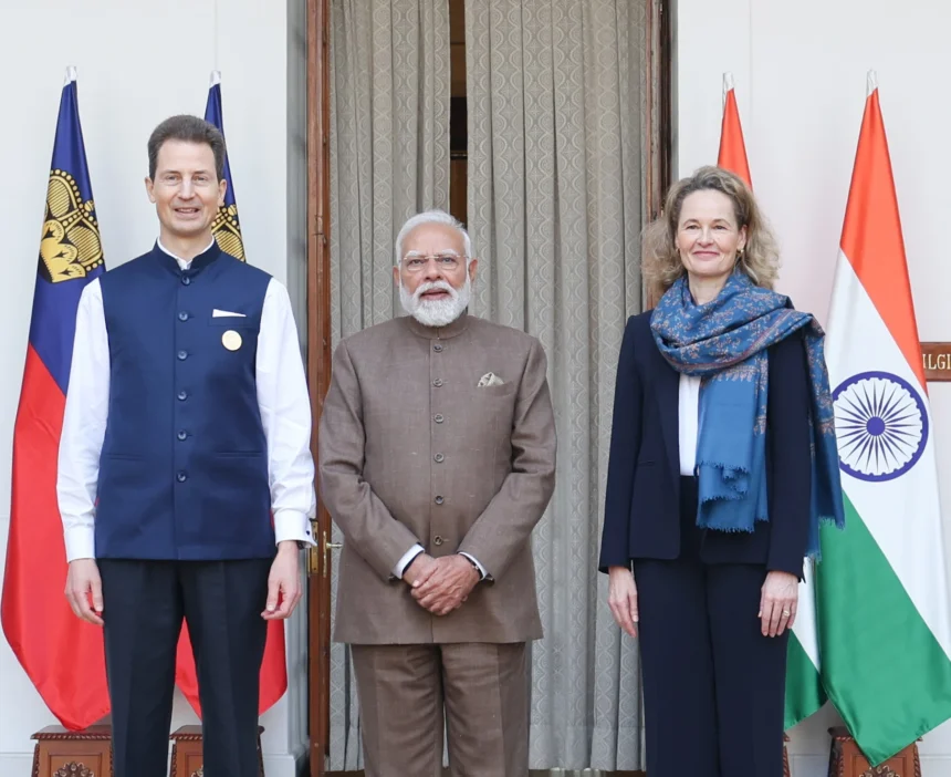 Prime Minister Narendra Modi with Hereditary Prince Alois and Hereditary Princess Sophie of Liechtenstein in New Delhi, February 20, 2026. Photo: Prime Minister's Office, Government of India, via Wikimedia Commons.