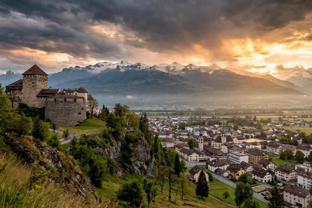 Vaduz Castle above the town of Vaduz in Liechtenstein, with the Alps in the background.