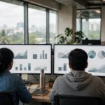 Office workers viewed from behind at desks with analytics dashboards on large monitors.
