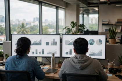 Office workers viewed from behind at desks with analytics dashboards on large monitors.