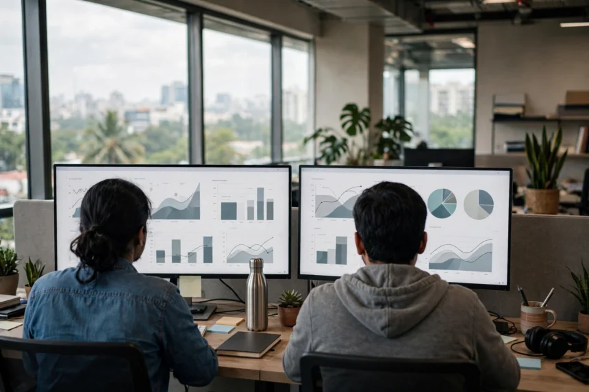 Office workers viewed from behind at desks with analytics dashboards on large monitors.