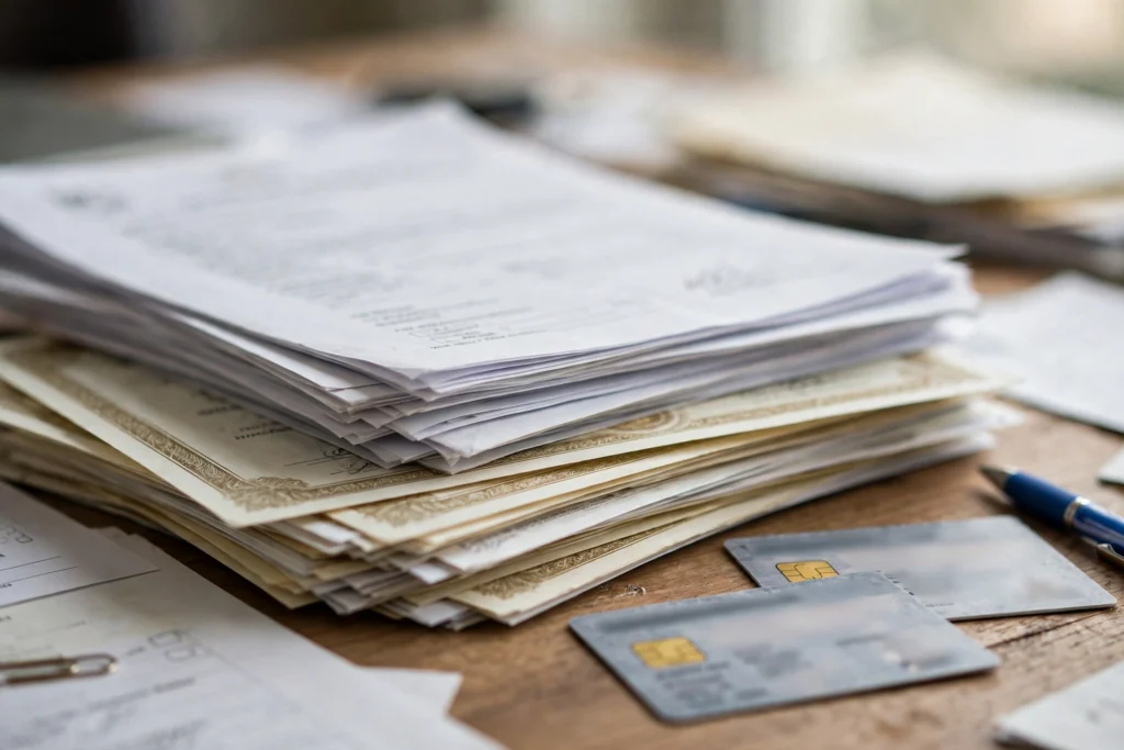 Banking documents and paperwork for the Punjab and Sind Bank Local Bank Officer recruitment verification process