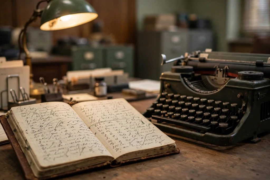 Stenography shorthand notebook and typewriter, AI-generated illustrative image.