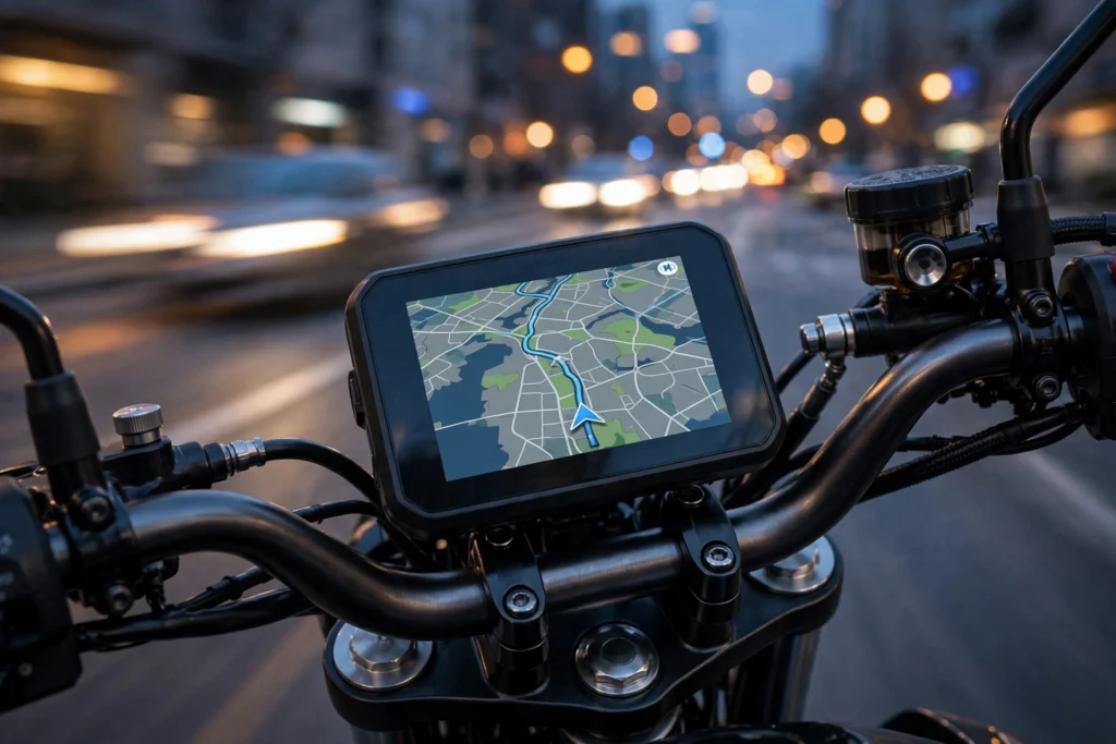 Close-up of the Bajaj Pulsar N250SS handlebar with its new 5-inch TFT console showing Google Maps navigation