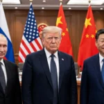 Vladimir Putin, Donald Trump and Xi Jinping at a summit with the flags of Russia, the United States and China (composite: real photos via Wikimedia Commons)