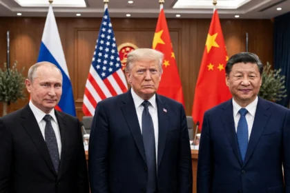 Vladimir Putin, Donald Trump and Xi Jinping at a summit with the flags of Russia, the United States and China (composite: real photos via Wikimedia Commons)