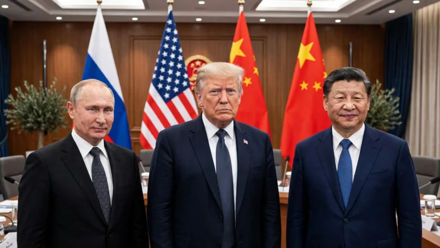 Vladimir Putin, Donald Trump and Xi Jinping at a summit with the flags of Russia, the United States and China (composite: real photos via Wikimedia Commons)