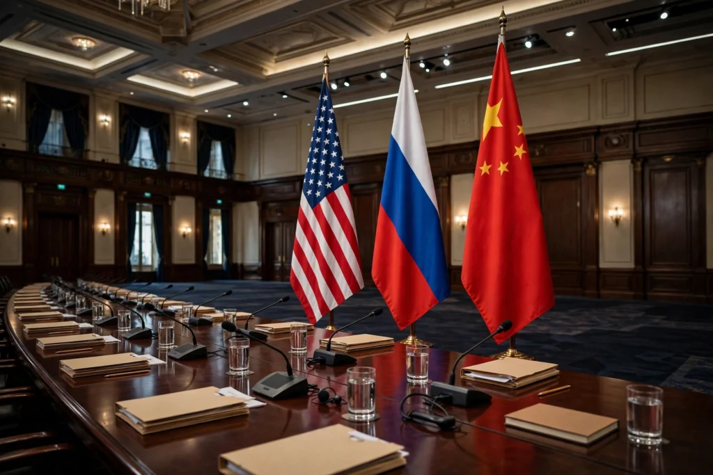 Empty summit conference hall with the flags of the United States, Russia and China ahead of a proposed trilateral meeting