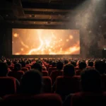 A full cinema auditorium with audiences watching a film on the big screen.