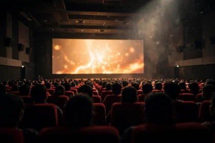 A full cinema auditorium with audiences watching a film on the big screen.