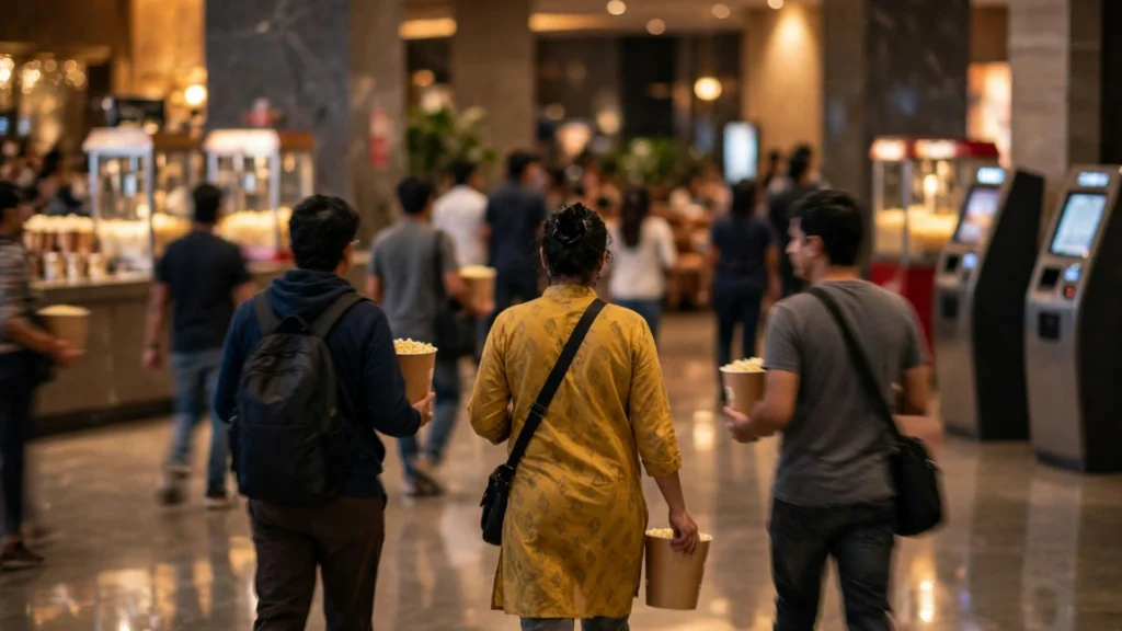 Moviegoers with popcorn walking through a busy multiplex lobby.