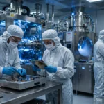 Engineers at work inside a semiconductor chip fabrication lab (representative AI-generated image)