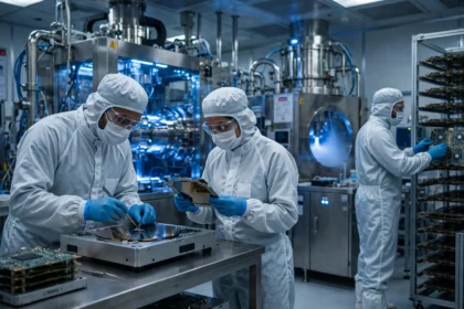 Engineers at work inside a semiconductor chip fabrication lab (representative AI-generated image)