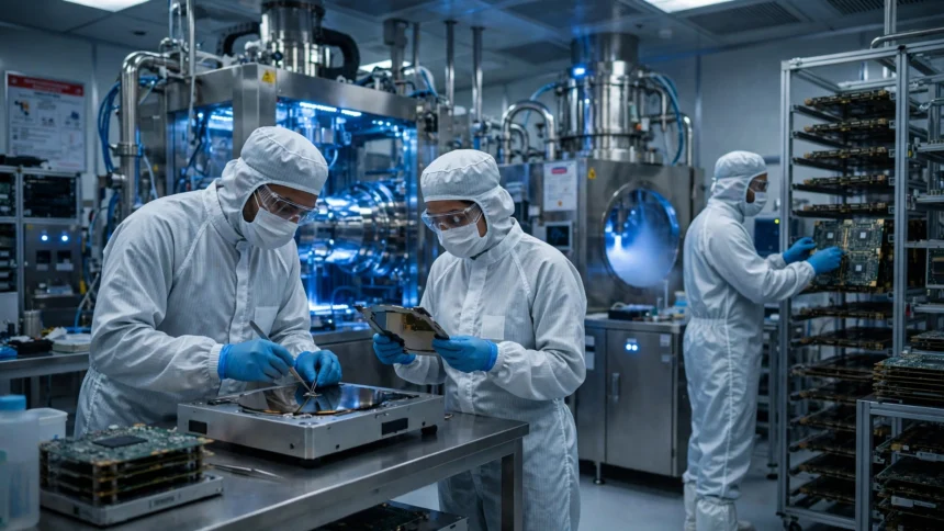 Engineers at work inside a semiconductor chip fabrication lab (representative AI-generated image)
