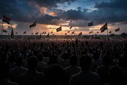 Supporters at a political rally in India at dusk. (Representational image)