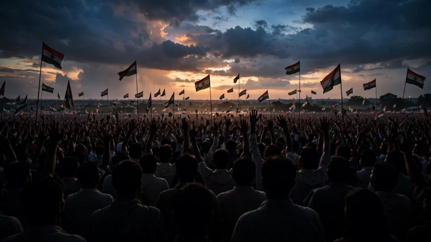 Supporters at a political rally in India at dusk. (Representational image)