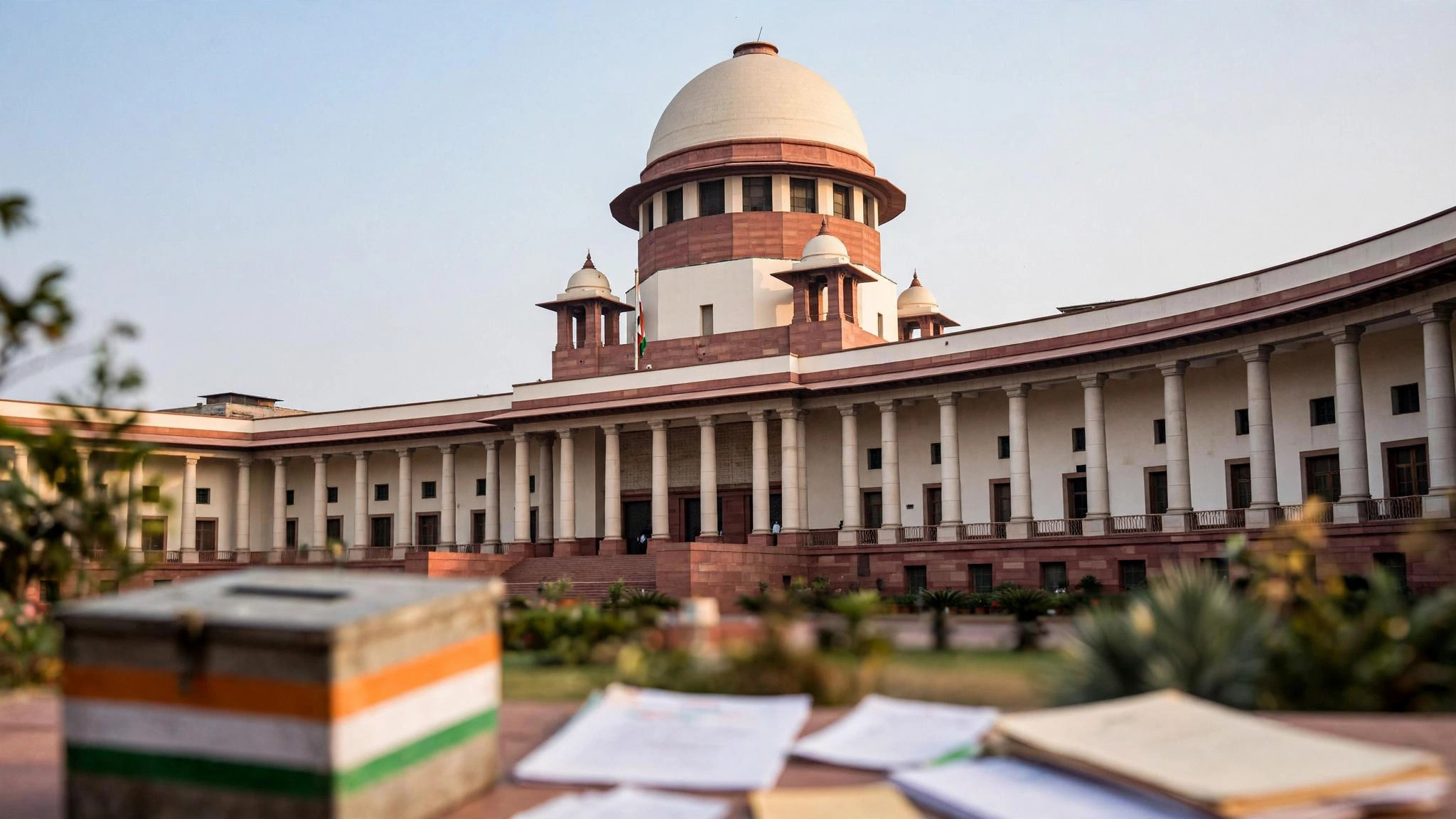 Supreme Court of India with ballot box and documents