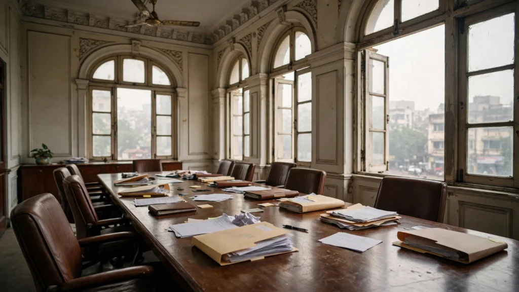 Empty boardroom with documents on the table in a historic Mumbai office