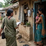 A community health worker visiting a mother and child at their village home.