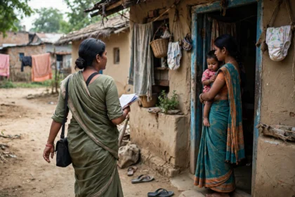 A community health worker visiting a mother and child at their village home.