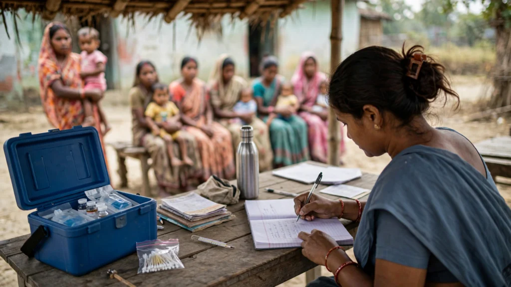 A health worker recording details at a village immunisation session.