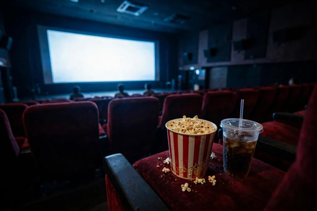 A cinema auditorium with red seats, popcorn and a glowing screen during a film screening