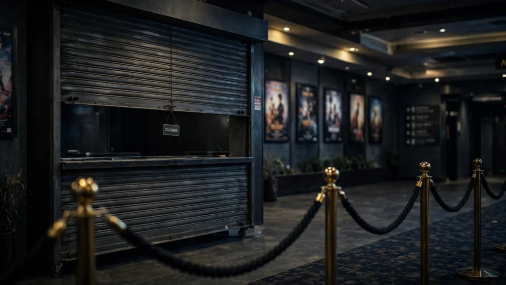 Empty cinema ticket counter with a closed sign as Ramayana advance bookings are delayed