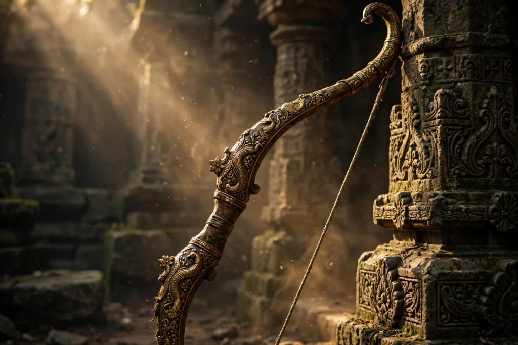 A hand drawing a bow with an arrow, evoking Lord Ram's weapon for the Ramayana film