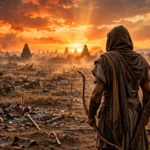 Epic Ramayana-inspired battlefield scene with a warrior holding a bow at sunset (thematic AI illustration)