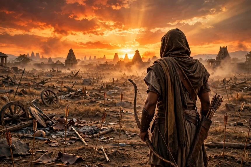 Epic Ramayana-inspired battlefield scene with a warrior holding a bow at sunset (thematic AI illustration)