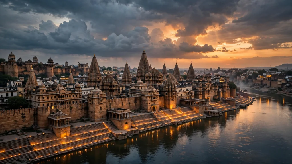 Temple city lit with lamps at dusk, evoking Ayodhya (thematic AI illustration)