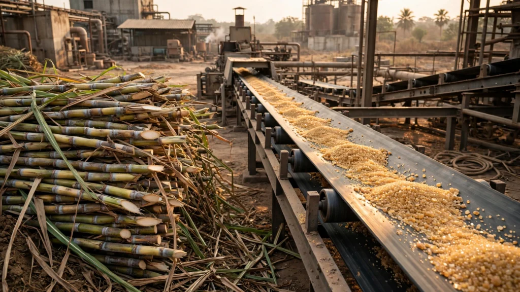 Sugarcane stalks and raw sugar on a refinery conveyor