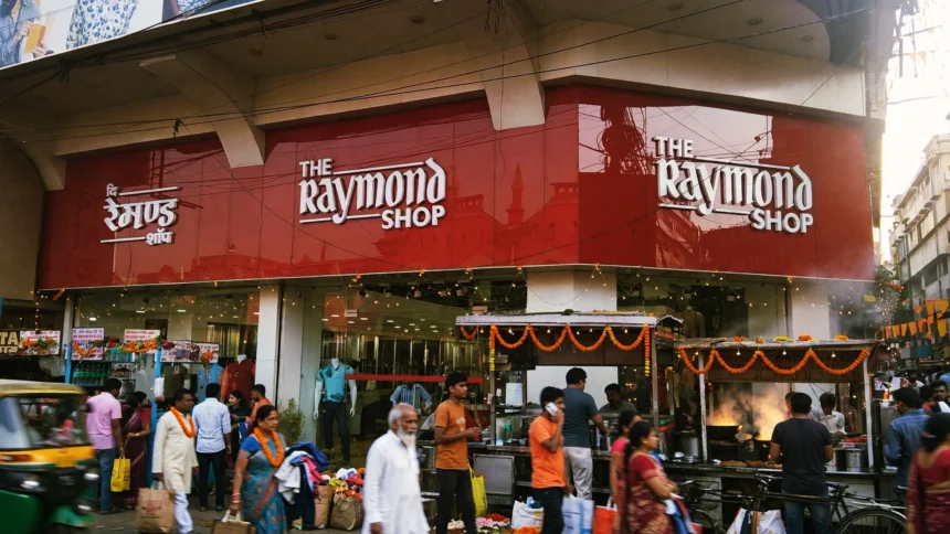 The Raymond Shop storefront in Kolkata, with shoppers outside during the festive season. Photo: Innocentbunny / Wikimedia Commons, CC BY-SA 3.0 (background composite)