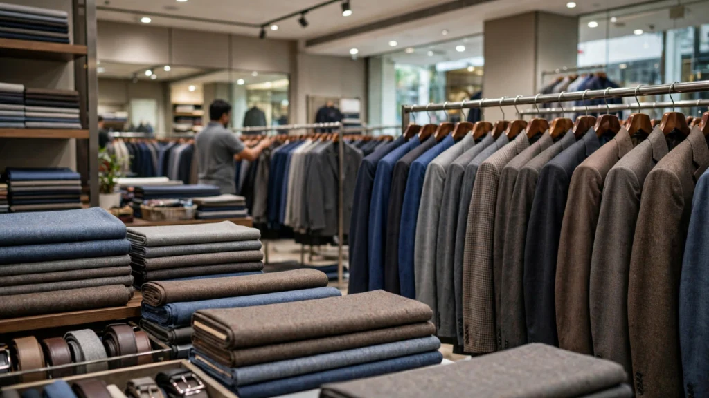Suits and folded suiting fabric inside a premium menswear store