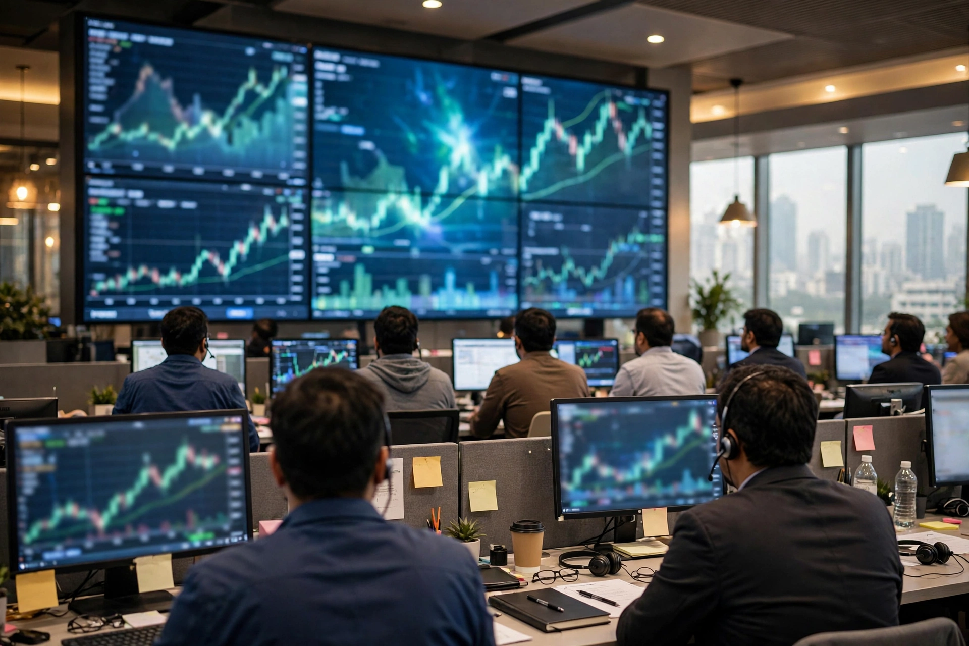 Traders monitoring market charts on large screens in an Indian financial office, reflecting the strong economic activity noted in the RBI's October Bulletin.