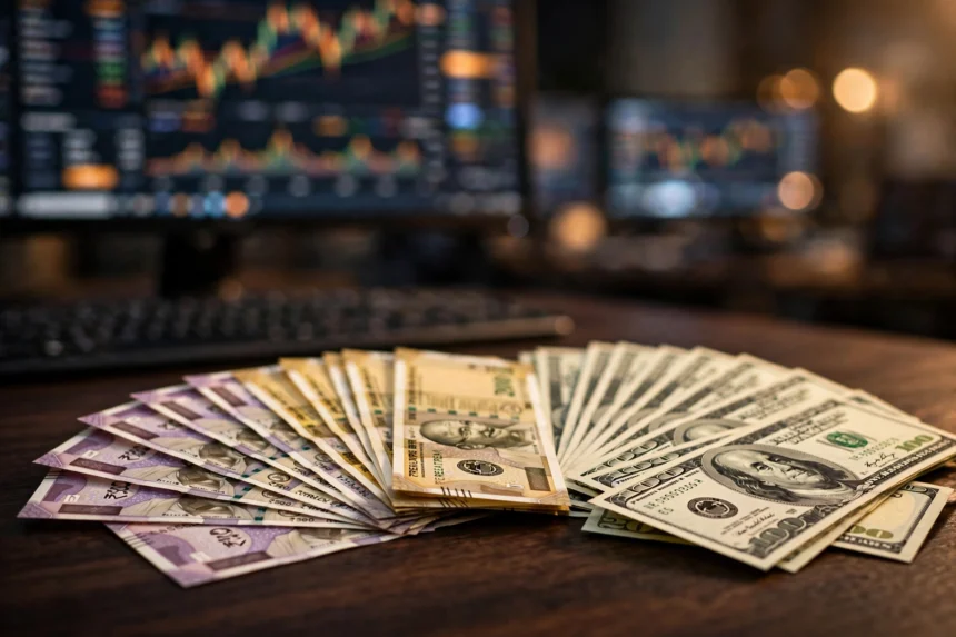 Indian rupee and US dollar banknotes