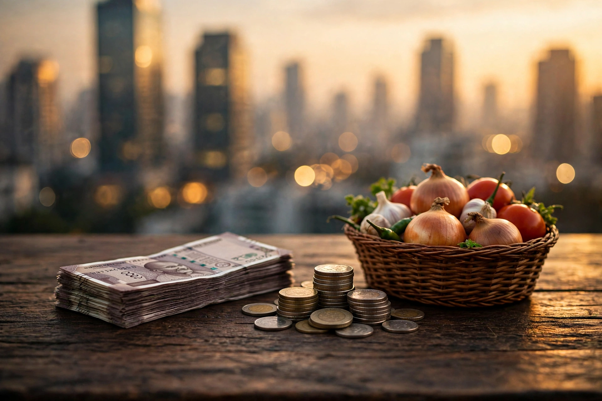 Indian rupee notes and coins beside a basket of vegetables and onions, a visual on food inflation in India