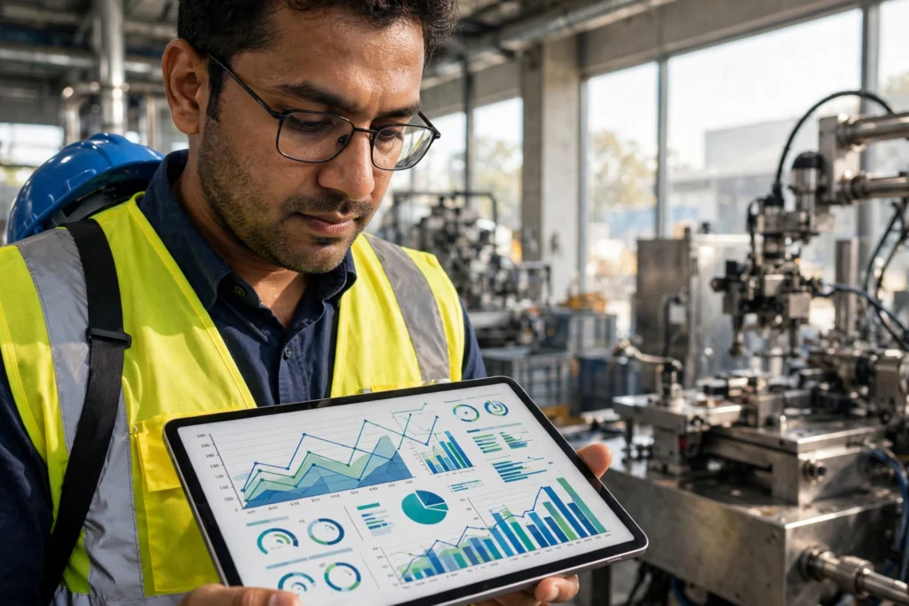 Factory workers in an Indian manufacturing plant, illustrating the RBI Industrial Outlook Survey findings