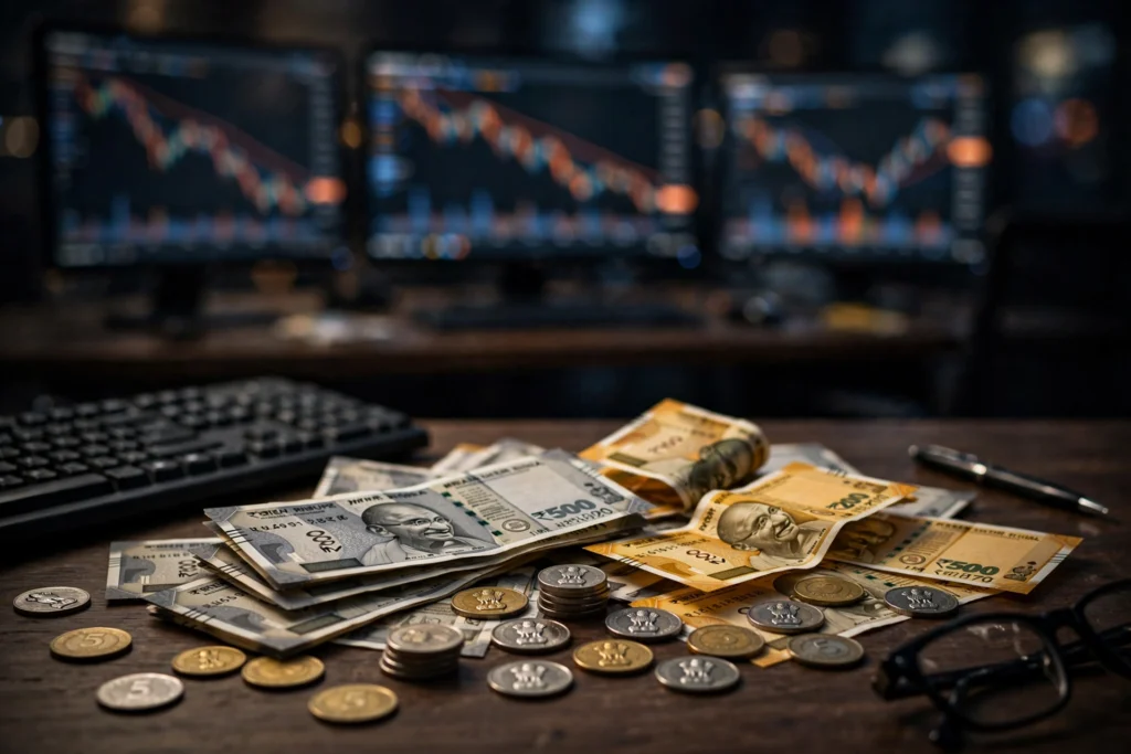 Indian rupee notes and coins on a trading desk amid rupee pressure (illustrative image).