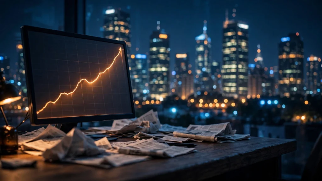 A trading desk in Mumbai at night with a rising interest-rate chart on screen