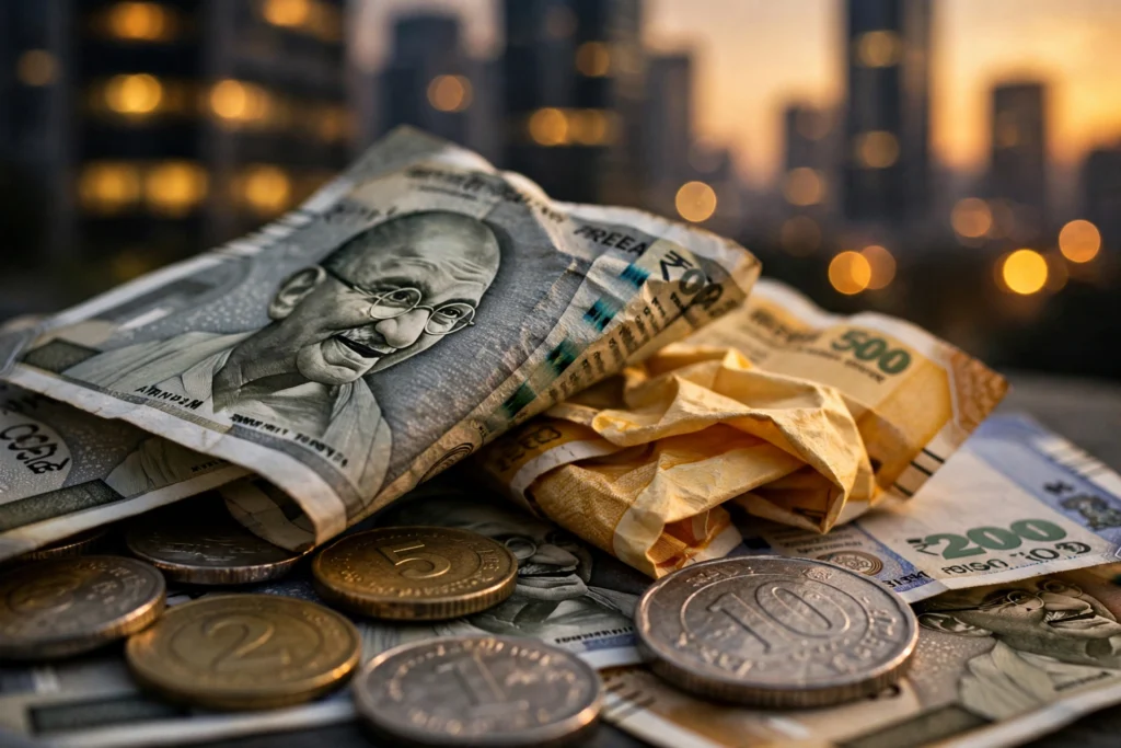 Indian rupee banknotes and coins